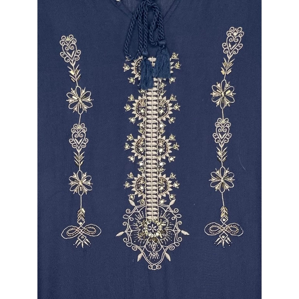 Catherines Womens Navy Embroidered Tassel Tie Peasant Blouse 3/4 Sleeve Sz 3X - Picture 7 of 7